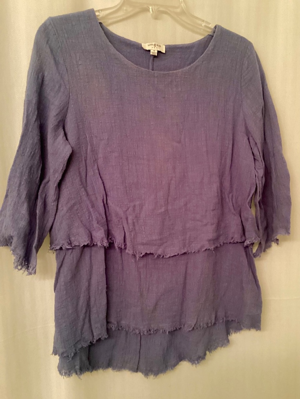 UMGEE, Purple Cotton Gauzy Layered Top, Raw Edges, Size Small,
